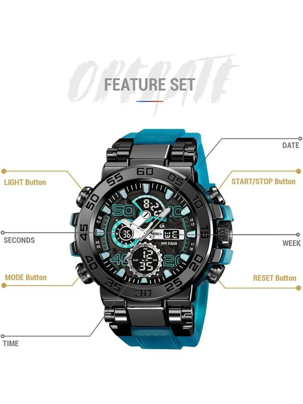 Men Tran Blue Analog Quartz Waterproof Sports Outdoor Military LED Digital Watch